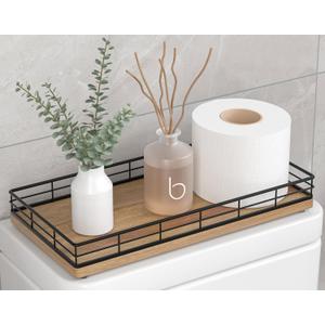 Toilet Paper Basket Organizer Acacia Wood Toilet Tank Tray with Metal Frame, Bathroom Counter Top Storage for Toilet Paper, Wipes & Decor, Modern Narrow Back of Tank Shelf Organizer, Black & Acacia