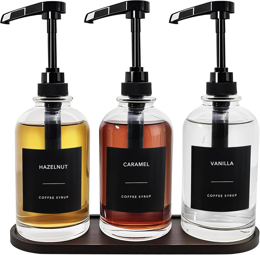 Coffee Syrup Dispenser for Coffee Bar, Glass Syrup Bottle with 1/4 oz Large Capacity Pump, Syrup Pump Dispenser with Pump for Coffee Station, Black with Tray,16.9oz, Set of 3