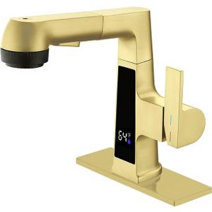 Qeemee LED Bathroom Faucet with Pull Out Sprayer, Brushed Gold Temperature Digital Display Sink Faucet 5 Water Flow Modes, Single Handle RV Bath Vanity Faucets for 1 or 3 Hole