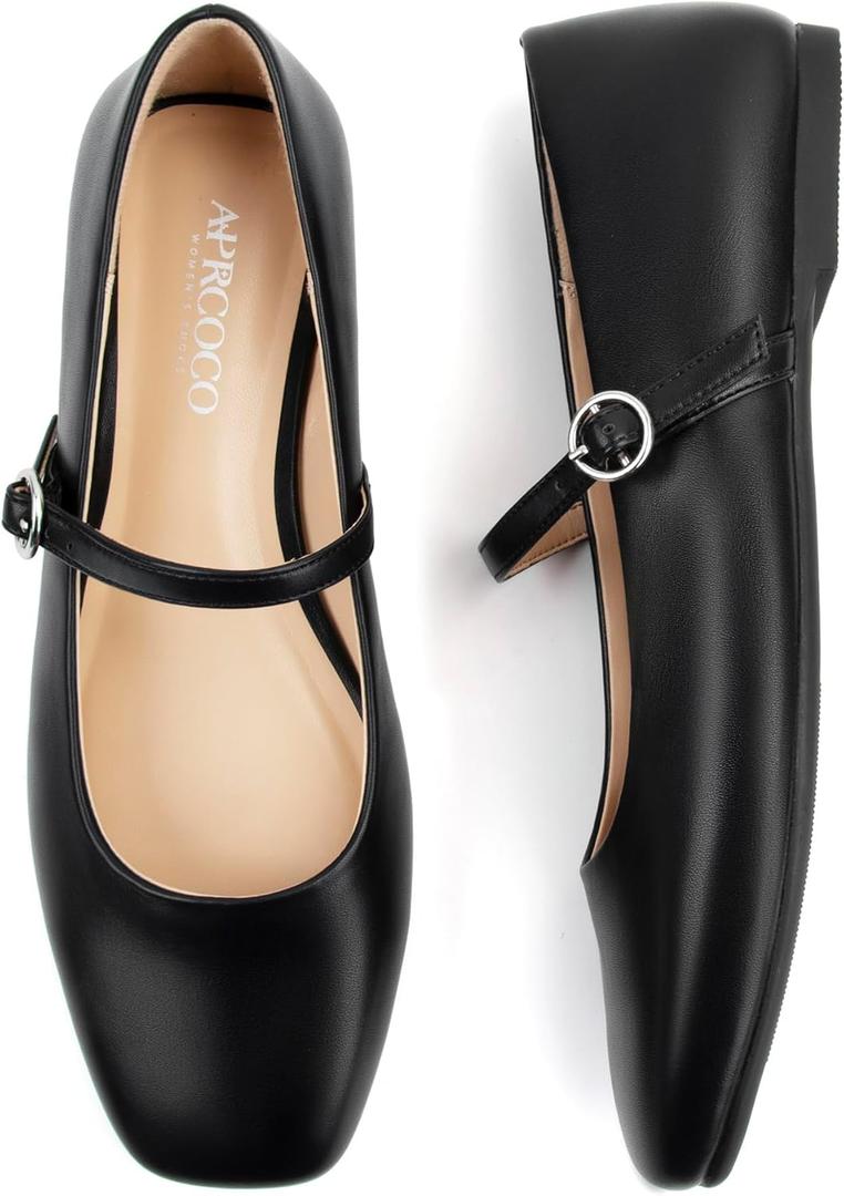 Women's Flats Mary Jane Ballet Flats for Women Classic Square Toe Women Shoes Dressy Comfort Ankle Strap Flats for Women (6, Black)