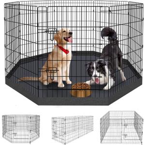 Dog Pen Pet Playpen Dog Fence Indoor Foldable Metal Wire Exercise Puppy Play Yard Pet Enclosure Indoor Outdoor 8 Panels 36 Inch with Bottom Pad/Top Cover(Black 36 Bottom Cover)