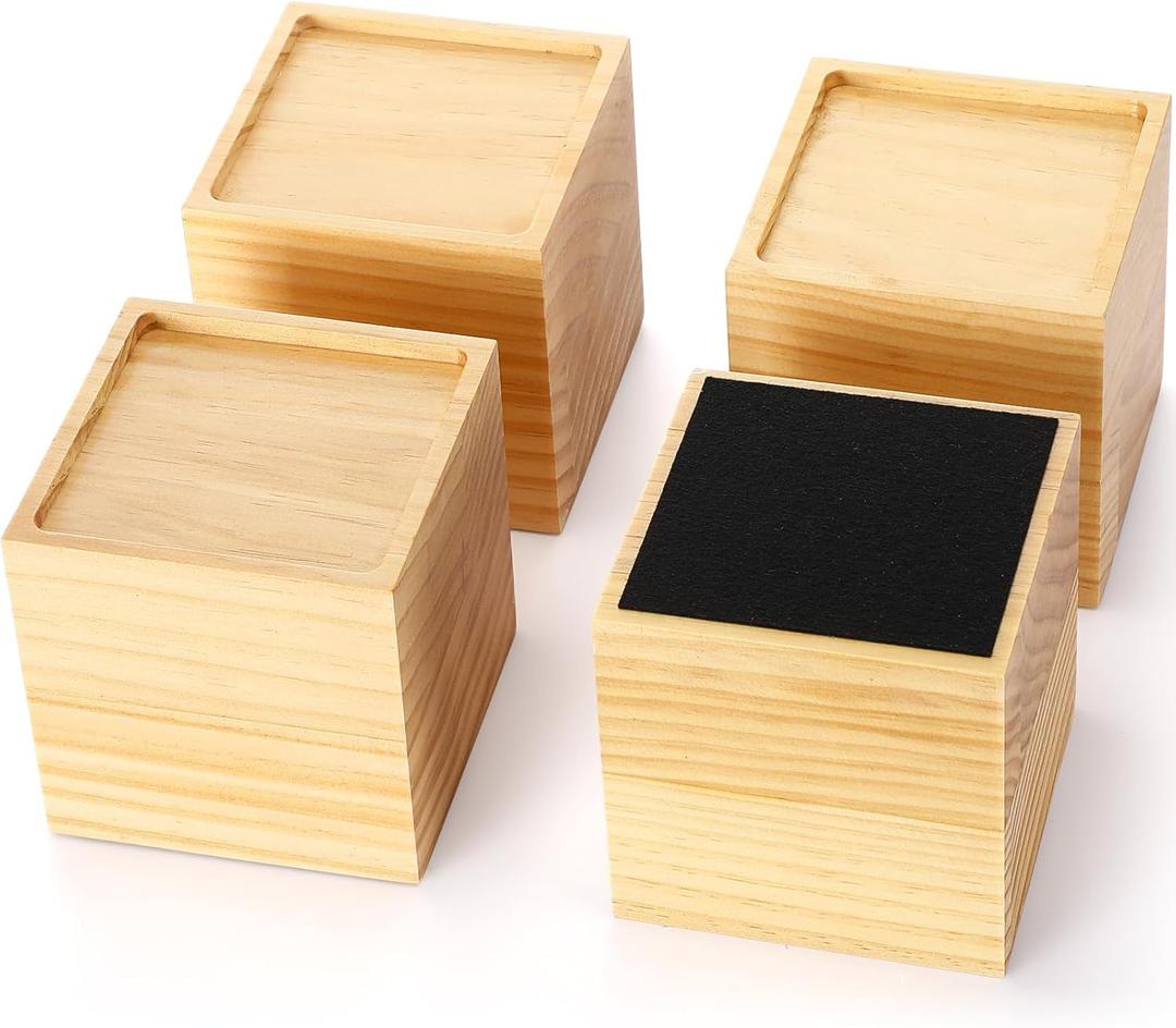 4 Inch Solid Wood Bed Furniture Risers Set of 4, Natural Color Square Heavy Duty Couch Lifters Brown Wooden Furniture Risers Blocks for Bed Frame, Sofa, Chair, Table, Cabinet, and More