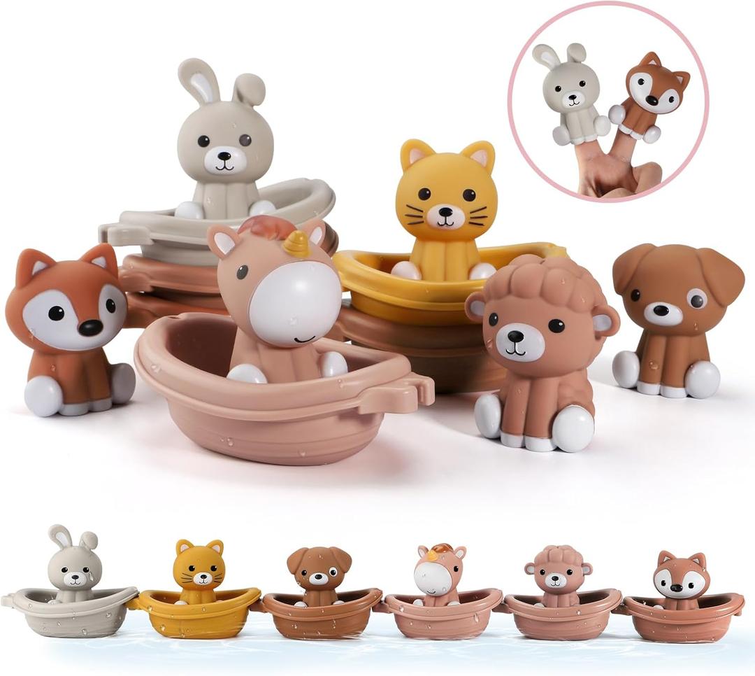 Nueplay Bathtub Toys for Toddlers 18M+Baby Bath Toys with Animal Finger Puppets Stackable Boat Train Gift for Baby & Toddlers Set of 12