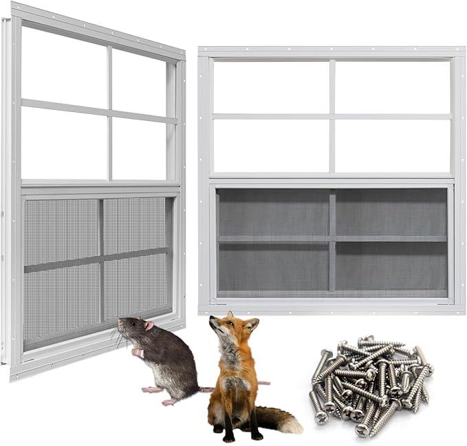 NeatiEase Upgraded Shed Windows 2 Pack, 30" x 36" Windows with Tempered Glass and Stainless Steel Screen for Shed, Chicken Coop, Playhouse, Household, Garage(White)