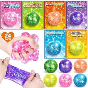Shemira 24 Pack Valentines Cards for Kids with Squeeze Balls, Valentines Day Cards for Kids School, Stretch Fidget Toys for Valentines Gifts Exchange, Valentines Cards for Kids Classroom Favors