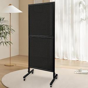Metal Pegboard with 30 Hooks, Peg Board Display Stand, Standing Pegboard Display with Wheels, Black 32 x 25 in