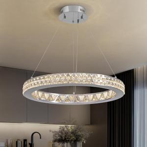 Moooni 24" Crystal Chandelier,Round Modern Chandeliers with Adjustable Cables,Chrome Ceiling Pendant Light Fixture for Living Room Dining Room Bedroom