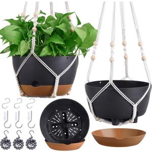 3 Pack 8/10/12 Inch Hanging Planters for Indoor Plants with Self-Watering Includes Hanging Pots for Plants, Outdoor Hanging Flower Pots with Drainage, and 2 Types of Hanging Baskets Hangers (Black)
