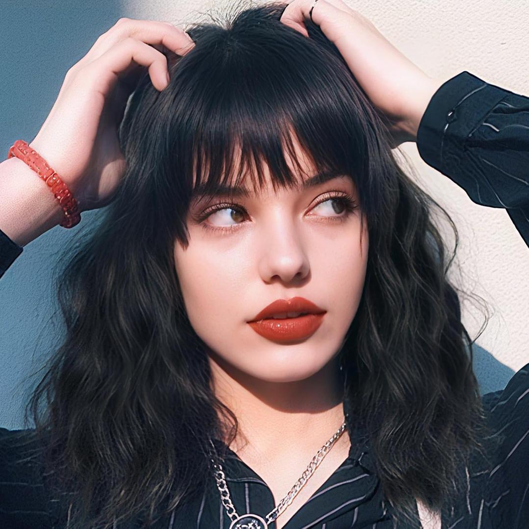 WERD Short Black Wig with Bangs Wavy Bob Black Wig for Women Synthetic Natural Looking Black Curly Wavy Hair for Daily Party Use