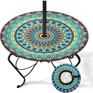 Bohemian Round Outdoor Tablecloth With Umbrella Hole, Abstract Fitted Table Cover With Zipper, Outdoor Camping Essentials, Waterproof Umbrella Table Cloth with elastic (36''-44'')