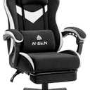 N-GEN GAMING Video Gaming Chair with Footrest Lumbar Support for Home Office High Back Recliner Height Adjustable Ergonomic Comfy Fabric Computer Desk Chair (Black)