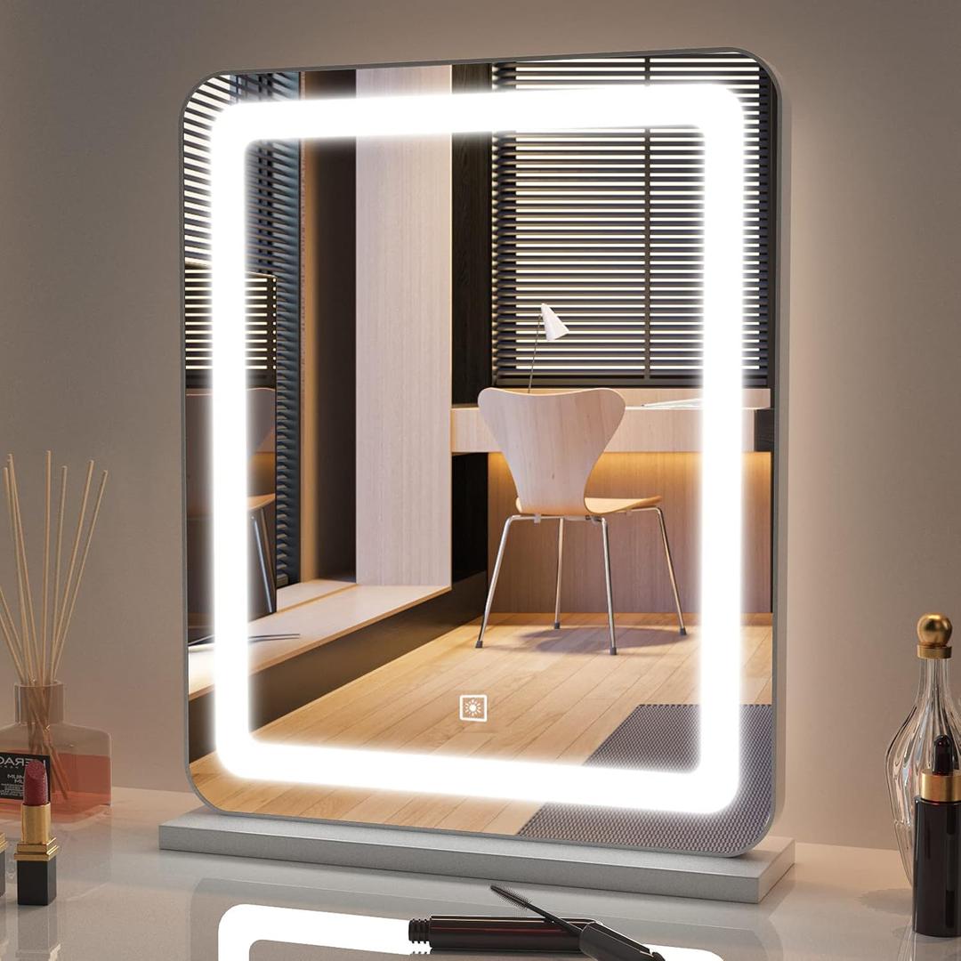 BARMI Vanity Mirror with Lights,18"x22" Lighting Dimmable LED Mirror, 3 Color Lighting Modes, Tabletop Vanity Makeup Mirror Smart Touch Control (White)