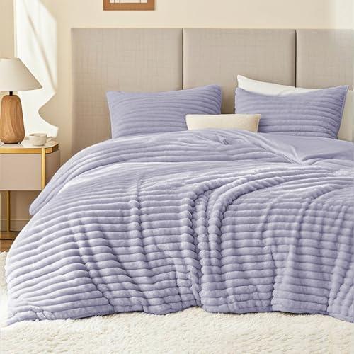 EXQ Home Fluffy Comforter Set King Size - Super Soft Faux Fur Stripe Jacquard Comforter 3 Pieces, Purple Fleece Bedding Set, Winter Warm Bed Set,1 Comforter with 2 Pillowcases
