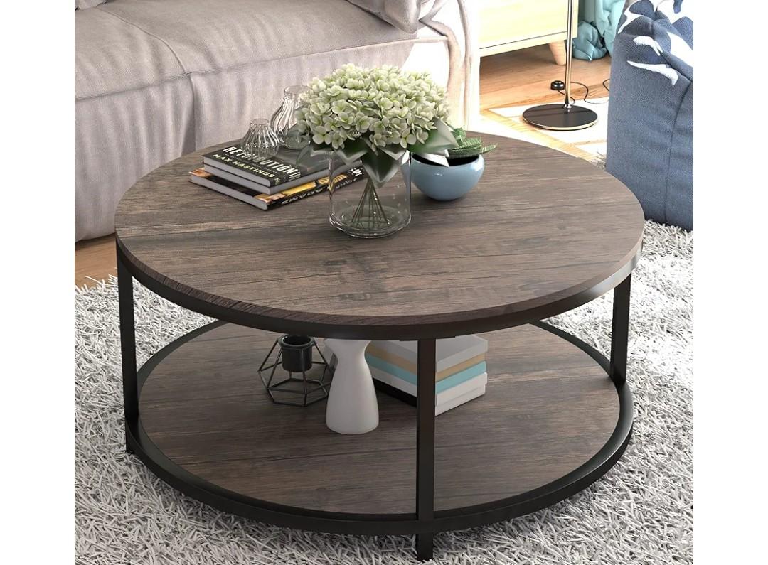 NSdirect Round Coffee Table,36" Coffee Table for Living Room,2-Tier Rustic Wood Desktop with Storage Shelf Modern Design Home Furniture(Light Walnut)