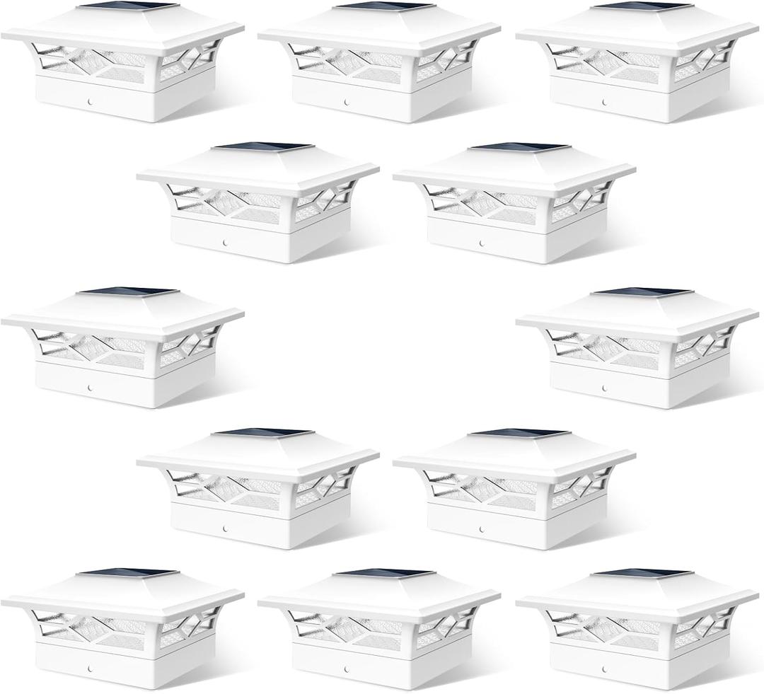 JOFIOS Solar Fence Post Lights, Cap Lights for 4x4/5x5 Vinyl Fence and 4x4/6x6 Wooden Post, Warm White/Cool White Lighting, White Solar Cap Outdoor Waterproof Decorate Garden Pathway Dcek Patio