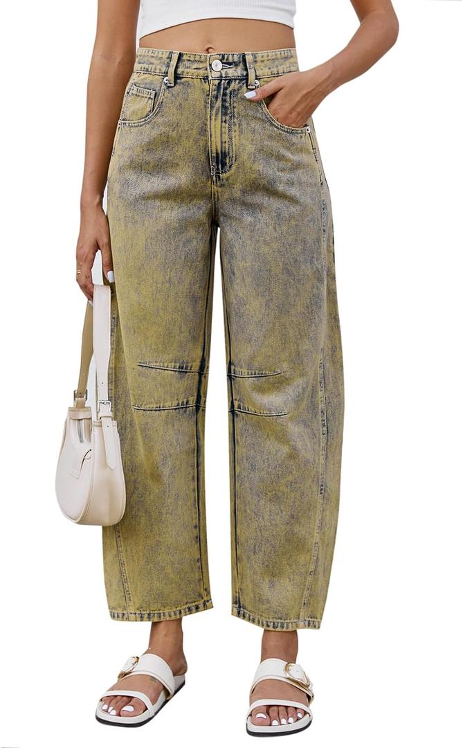 GREAIDEA Mid Rise Barrel Jeans for Women Wide Leg Mid Waist Cropped Denim Pants Y2k Baggy Boyfriend Jeans with Pockets (X-Small, Chartreuse)