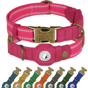 Reflective Leather Dog Collar with AirTag Holder - Soft Apple Airtag Dog Collar with Metal Buckle - Safety Cotton Pet Collars for Dogs Small Large Dogs Puppy (Pink, XS, 9"-12")