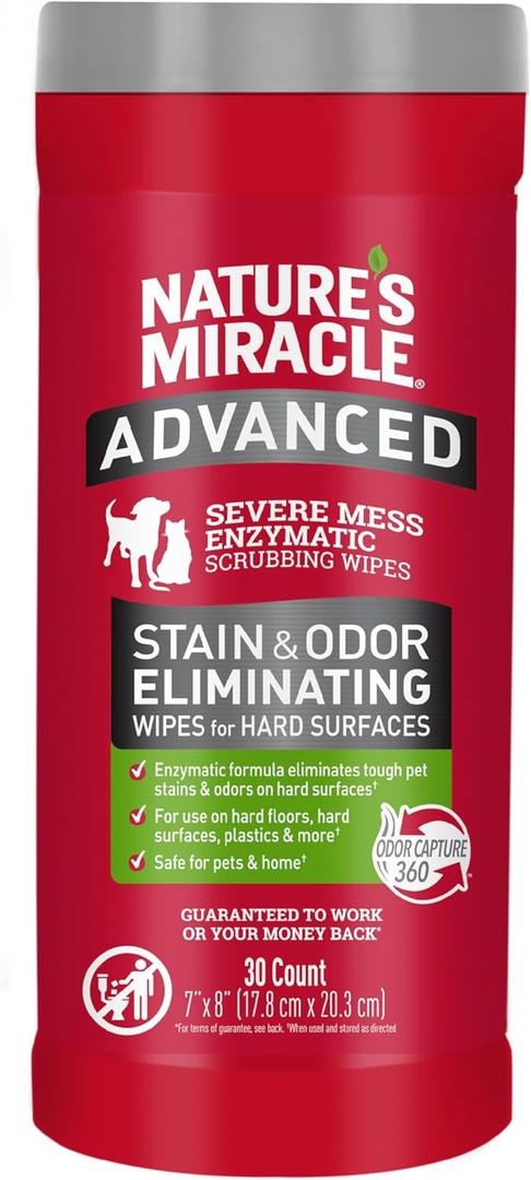 2 x Natures Miracle Advanced Stain And Odor Eliminating Wipes for Hard Surfaces, 30 Count, Enzymatic Formula Eliminates Tough Pet Messes