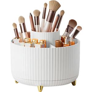 DASITON Large Capacity Makeup Brush Holder,360 Rotating Makeup Organizer,5 Slot Makeup Brushes Cup,for Vanity Decor,Bathroom Countertops,Desk Storage Container,Cosmetic Display cases(White)