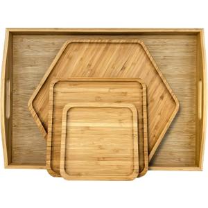 Bamboo Serving Trays Charcuterie Platter 16.5"x11.8"（42x30cm with Handle, Set Includes 1xHexagon 12.5"(32cm)+1xSquare 7.8"(20cm)+1xSquare 5.9"(15cm) Small Plates for Family Dinner