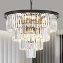 4-Tiers 23.6" Black Modern Crystal Chandelier 12-Light Crystal Pendant Ceiling Light Fixture Hanging Lighting for Entryway Dining Room Bedroom Living Room Foyer High Ceiling