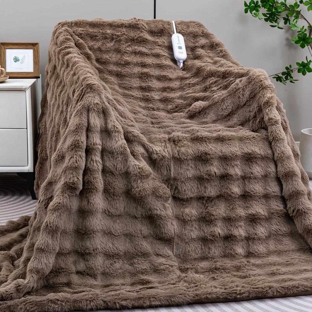 Heated Blanket Electric Throw- 50"x60" Soft Thick Bubble Electric Blanket for Sofa with 5 Heat Levels & 4 Hours Auto-Off Overheat Protection, Warm Cozy Gifts, Beige (Brown)