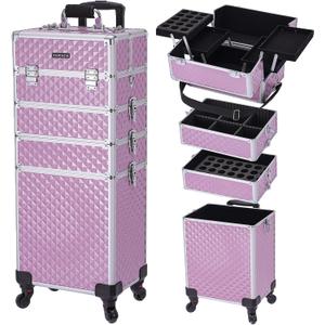 TOPACK Professional 4-In-1 Rolling Makeup Train Case, Large Makeup Travel Case with Key Shoulder Strap/Handle Cushion I Makeup Train Case Organizer I Cosmetology Case on Wheels I Pink