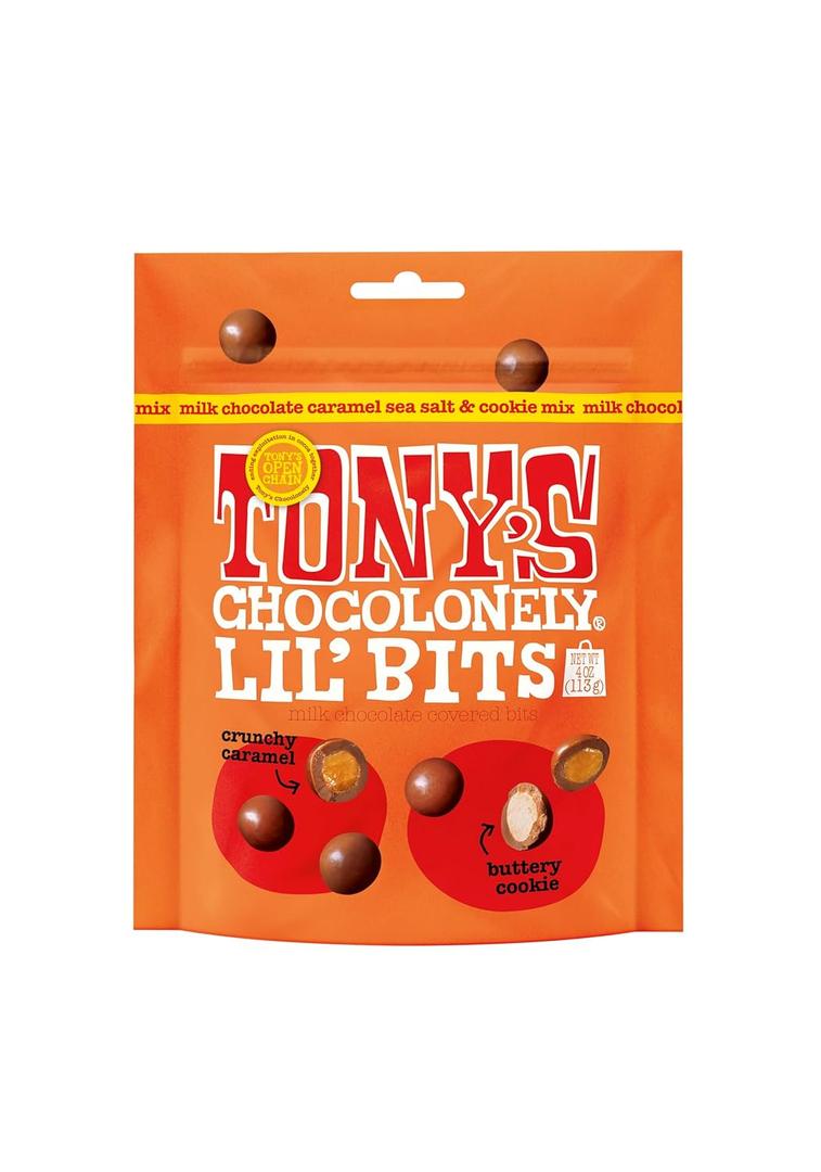 Tonys Chocolonely Belgian Milk Chocolate Caramel Sea Salt & Cookie Mix Lil Bits Candy Pieces for Snacks, Gifts, or Gift Basket, Made From Quality Fairtrade Cocoa, 1 Pouch, 4 Oz, Best By: Nov-27-2025