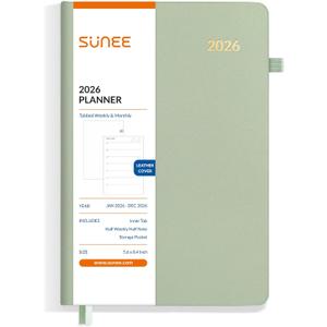 SUNEE 2026 Weekly and Monthly Planner 5.5" x 8.3" (January 2026-December 2026), Half Weekly Half Note, Small Yearly Calendar Planner, Leather Hardcover, 100 GSM Paper, Notes, Inner Pocket, Green