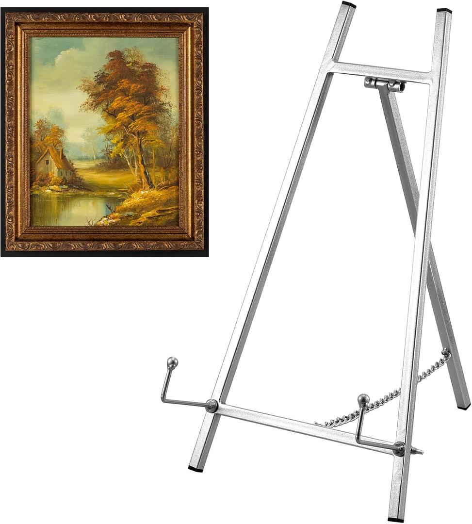 Leinuosen Metal Easel Stand 16.5" H x 8.7" W x 4.3" D Table Top Easel Stand for Display Tripod Art Picture Mirror Modern Plate Holder for Display Book Photo Wedding Sign (Silver)