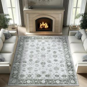jinchan Area Rug 8x10 Washable Vintage Floral Rug Non-Slip Indoor Floor Cover Retro Rustic Carpet for Dining Room Bedroom Living Room Home Office Grey