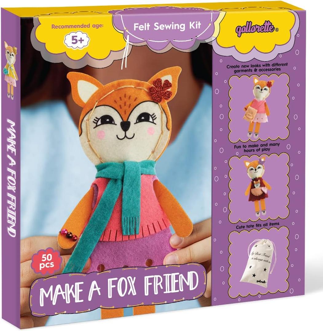qollorette Felt Sewing Kit for Children, Make Your Own Fox Toy, Kids' Craft Kit - Make A Friend Sew Kit - Beginner Sewing Kit for Kids, Learn to Sew & Play, Fox