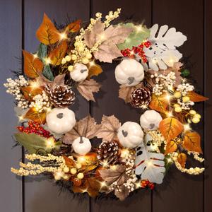 20 Inch Thanksgiving Fall Wreath for Front Door with Light Porch Window Autumn Wreaths with Pumpkin Berries All Season Indoor Outdoor Window Decor for Harvest Holiday Celebrations