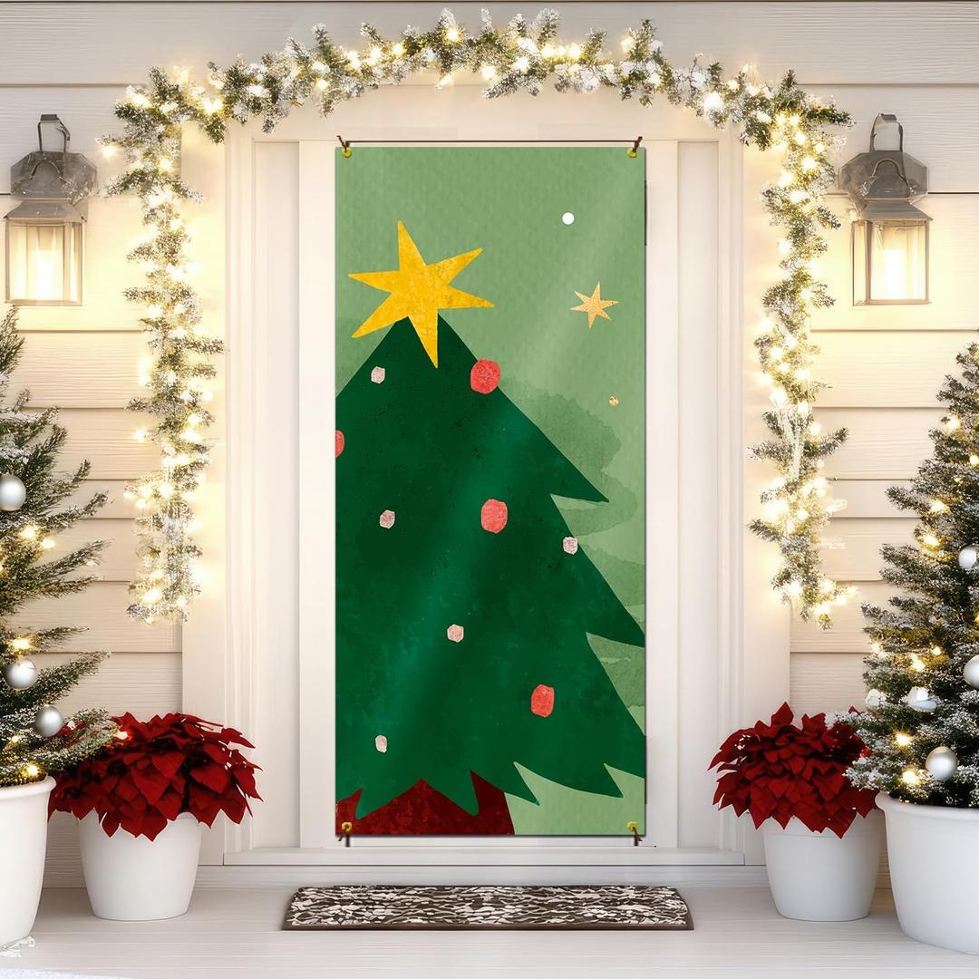 Christmas Tree Door Cover Decorations, Watercolor Green Xmas Tree Doorway Door Curtains Banners Backdrop Photography Decor for Winter Holiday Party Indoor Outdoor, 35 * 79 Inch