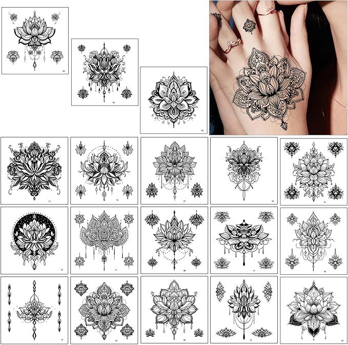Qpout 18 Sheets Black Temporary Tattoos, Waterproof Fake Tattoo Kits for Women Girls, Lotus Mandala Flower Tattoo Stickers Neck Chest Arm