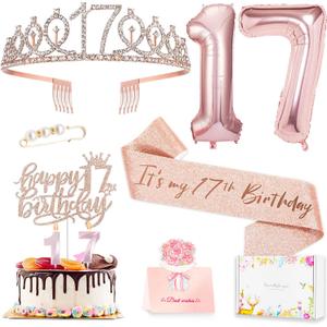 17th Birthday Decorations for Girls, 17th Birthday Sash and Crown, Cake Topper, Number Candles and Balloons, 17 Year Old Gifts for Girls