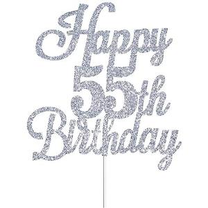 Happy 55th Birthday Cake Toppers Silver Glitter, Cheers to 55 Years Old Bday Decoration 55th Anniversary Cake Topper, Fifty-five Theme Cake Decorations for Birthday Anniversary Party