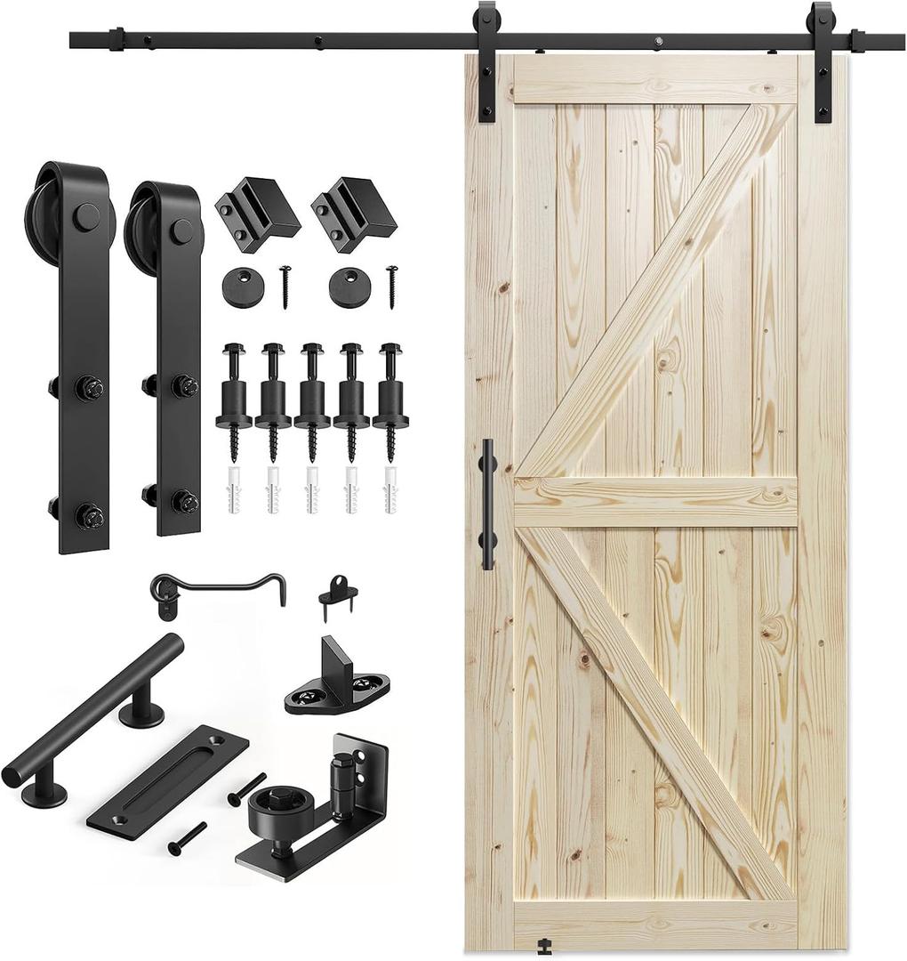 SMARTSTANDARD 36in x 84in Sliding Barn Door with 6.6ft Barn Door Hardware Kit Included, Unfinished Solid Spruce Wood Door, Assembly Required, DIY, Stainable, Natural