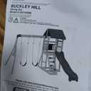 Backyard Discovery Buckley Hill Cedar Wood Swing Set with Wave Slide, Play Deck, Rock Wall Ladder, Belt Swings, Chalkboard, Canopy Roof, Outdoor Playset (Green)