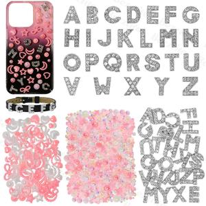 2 x Pink Mix Pearls Rhinestones, Junk Case Charms, A-Z Alphabet Letters Charms