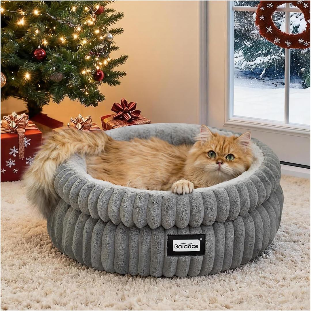 BALANCE Cat Bed Kitten Bed, Washable Round Cat Beds for Indoor Cats, Super Soft Plush Faux Fur Pet Bed for Puppy and Kitten with Anti-Slip Bottom (Grey)