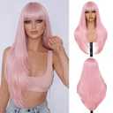 Pink Wig-Long Straight Wigs for Women,28 Inch Glueless Bang Wig Synthetic Hair,Light Pink Color Womens Wigs for Cosplay Party Halloween (Pink)