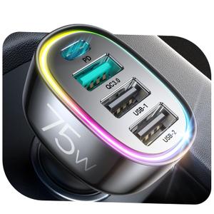 75W Car Charger USB C, 4 Port Super Fast Cigarette Lighter USB Charger, Type C 60W & QC 3.0 Multiport Car Phone Adapter Accessories for iPhone 17/16/15/14/13/12 Pro Samsung S26 Series, Titanium