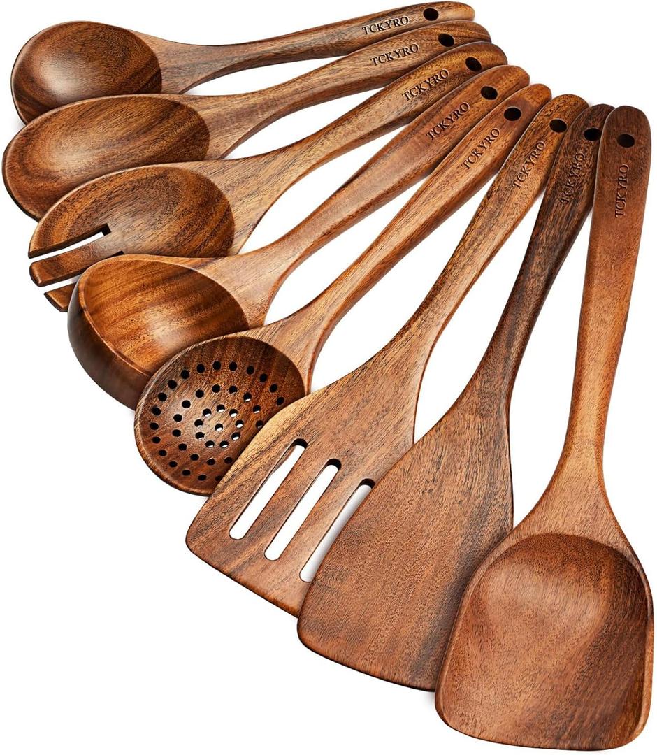 8-Piece Teak Wood Utensil Set, Natural Wooden Spoons for Cooking, Handmade Wood Kitchen Utensils for Non-stick Cookware, Spatulas, Spoons, Salad Fork, Skimmer, Soup Ladle
