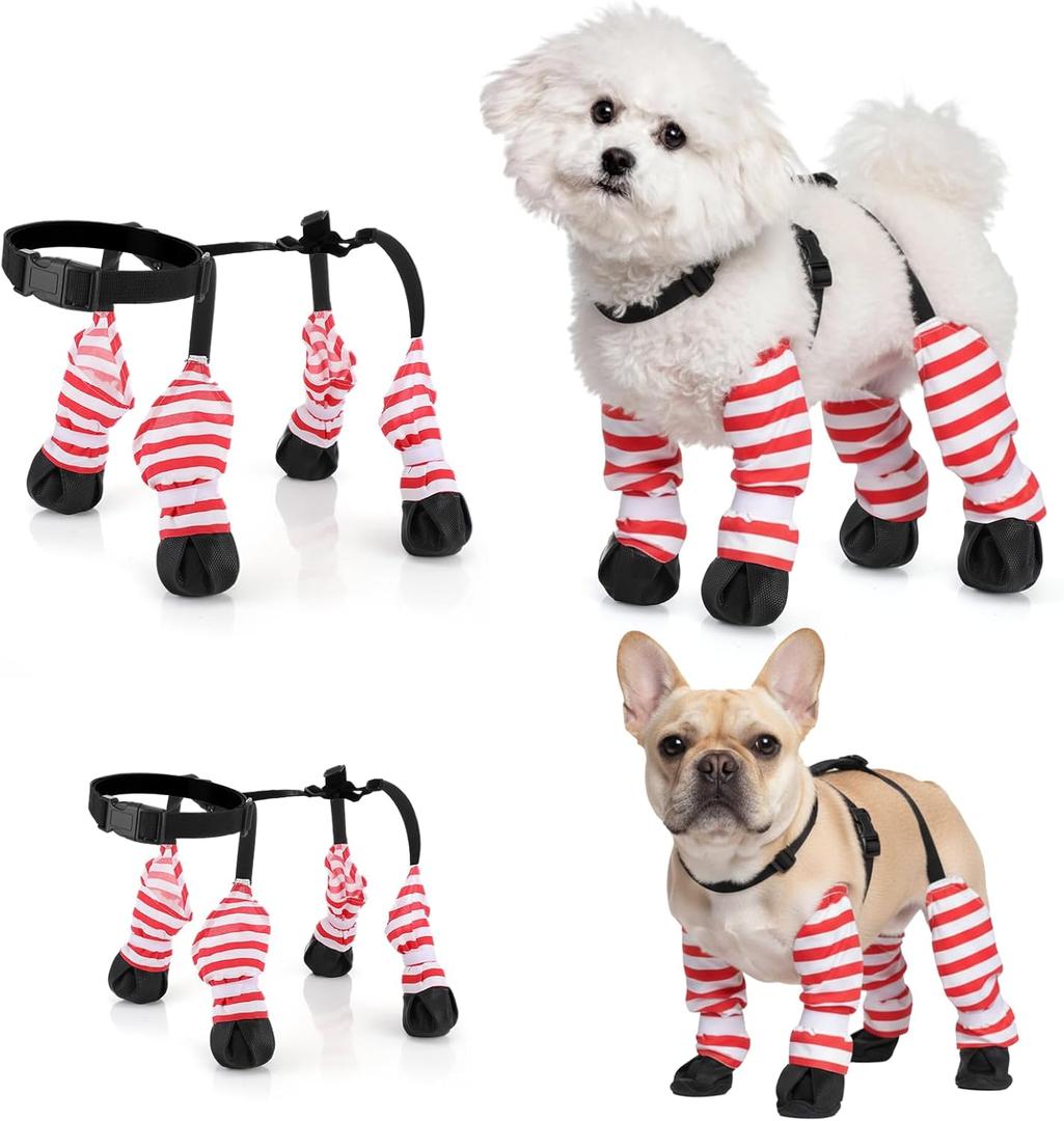 1 Pcs Dog Suspender Boots for Small Medium Dogs Waterproof Dog Rain Boots Adjustable Anti-Slip Paw Protectors Leggings Shoes for Outdoor Winter Snow Rain Walking (Red and White Stripe,L)