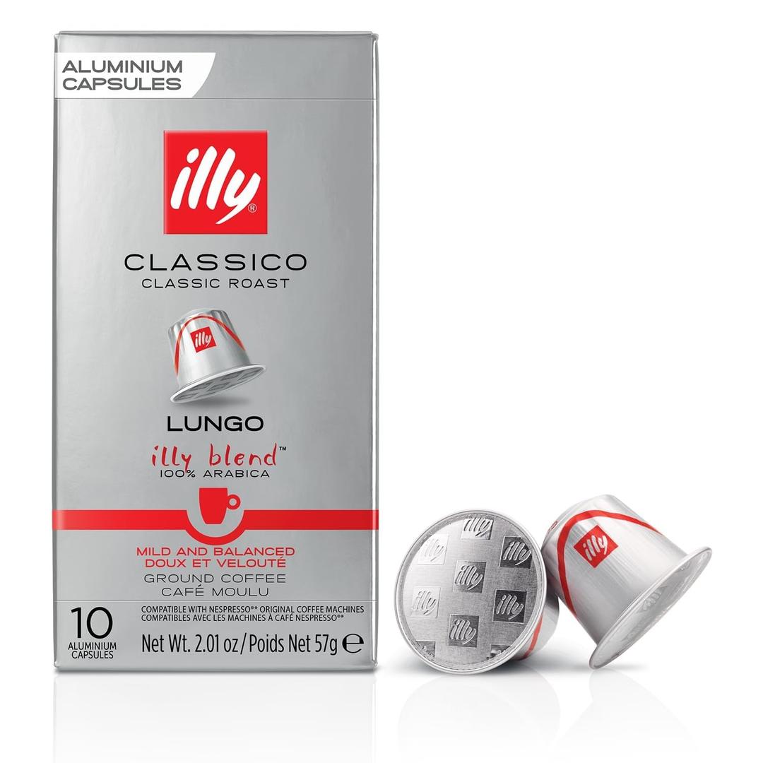 Illy Espresso Compatible Capsules - Single-Serve Coffee Capsules & Pods - Classico Lungo Roast - Notes Of Caramel, Orange Blossom & Jasmine Coffee Pods - For Nespresso Coffee Machines 10 Count, 2 Pack