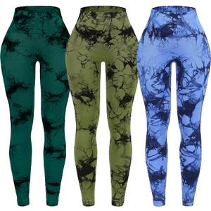 OVESPORT 3 Pack Tie Dye Seamless High Waisted Workout Leggings for Women Scrunch Butt Lifting Yoga Gym Athletic Pants (Medium, 3pack-blue/Green/Cyan)
