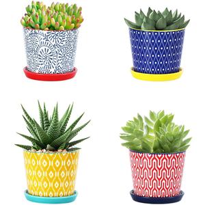 Selamica Ceramic Succulent Pots, 3.4 Inch Small Pots for Plants with Drainage Holes and Saucers, Succulent Planters for Indoor Plants, Cactus, Home Decor, Set of 4, Assorted Colors