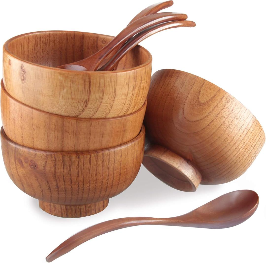 Handmade Wood Bowls,Jujube Wooden Japanese Bowl with Matching Spoon for Rice, Soup,Dip,Salad,Tea,Decoration 4 Sets(4 Bowls 4.2 IN + 4 Spoons)