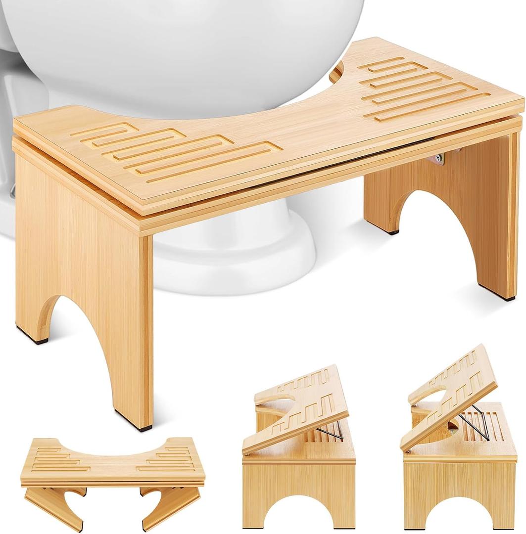 Foldable Toilet Stool 7.1 Inches Adjustable Height Bamboo Potty Stool for Adults with Built-in Bracket, Wooden Toilet Foot Step Stool for Bathroom, Better Posture & Digestion